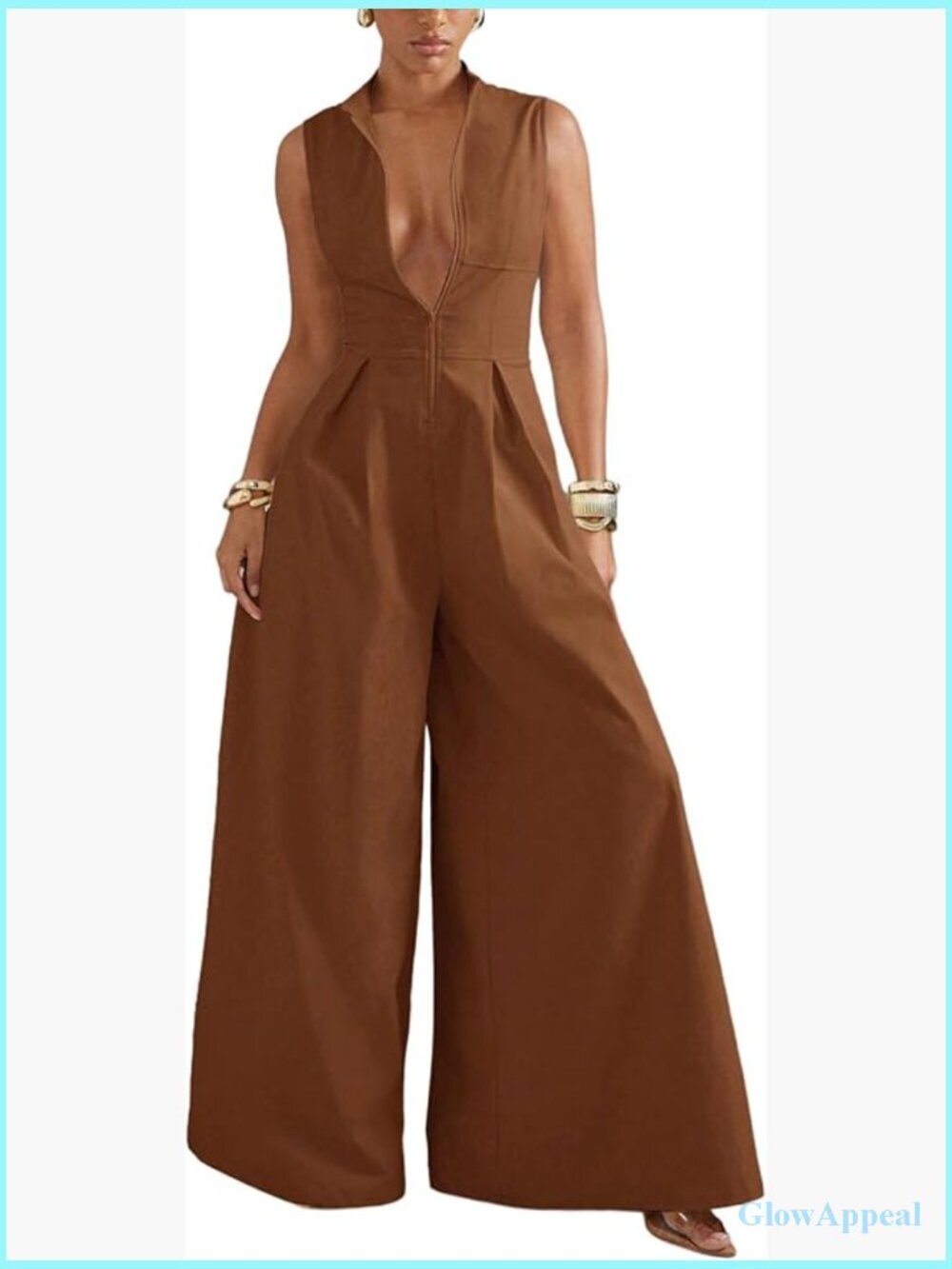 Zip Up Wide Leg Jumpsuit Sleeveless One Piece Formal Dressy Casual